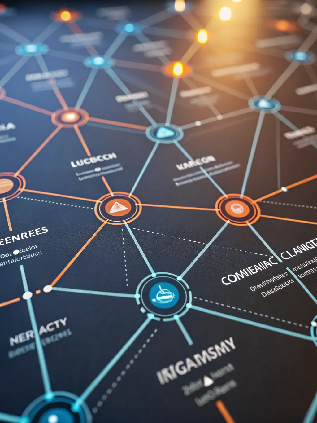 Illustration of a network graph connecting a lead to various decision-makers within their organization, highlighting titles and roles, in the context of LeadLogic identifying decision-makers.