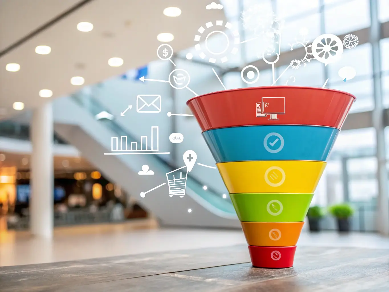 An illustrative graphic showing LeadLogic's lead scoring system in action. The graphic depicts a funnel with leads being filtered and scored based on their engagement and purchase intent.