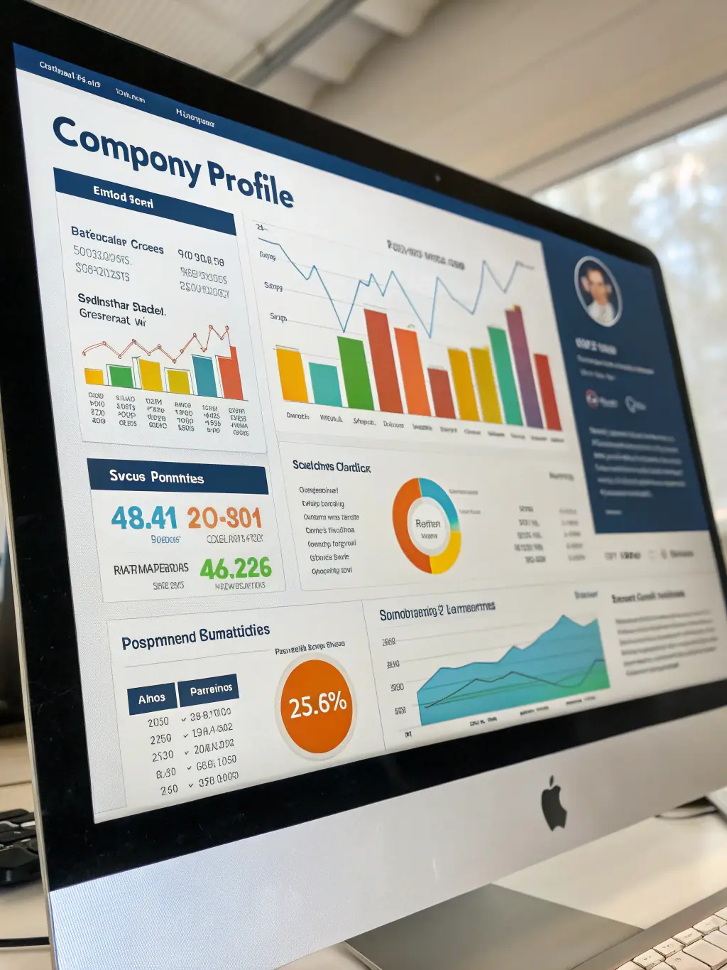 Illustration of a magnifying glass focusing on a website visitor's profile, highlighting data points like company, industry, and interests, in the context of LeadLogic identifying website visitors.